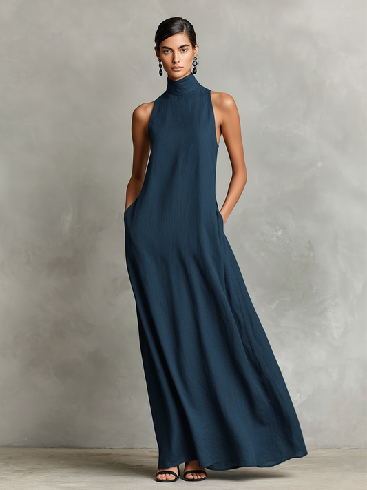 Vestido largo de lino con cuello alto y bolsillos laterales