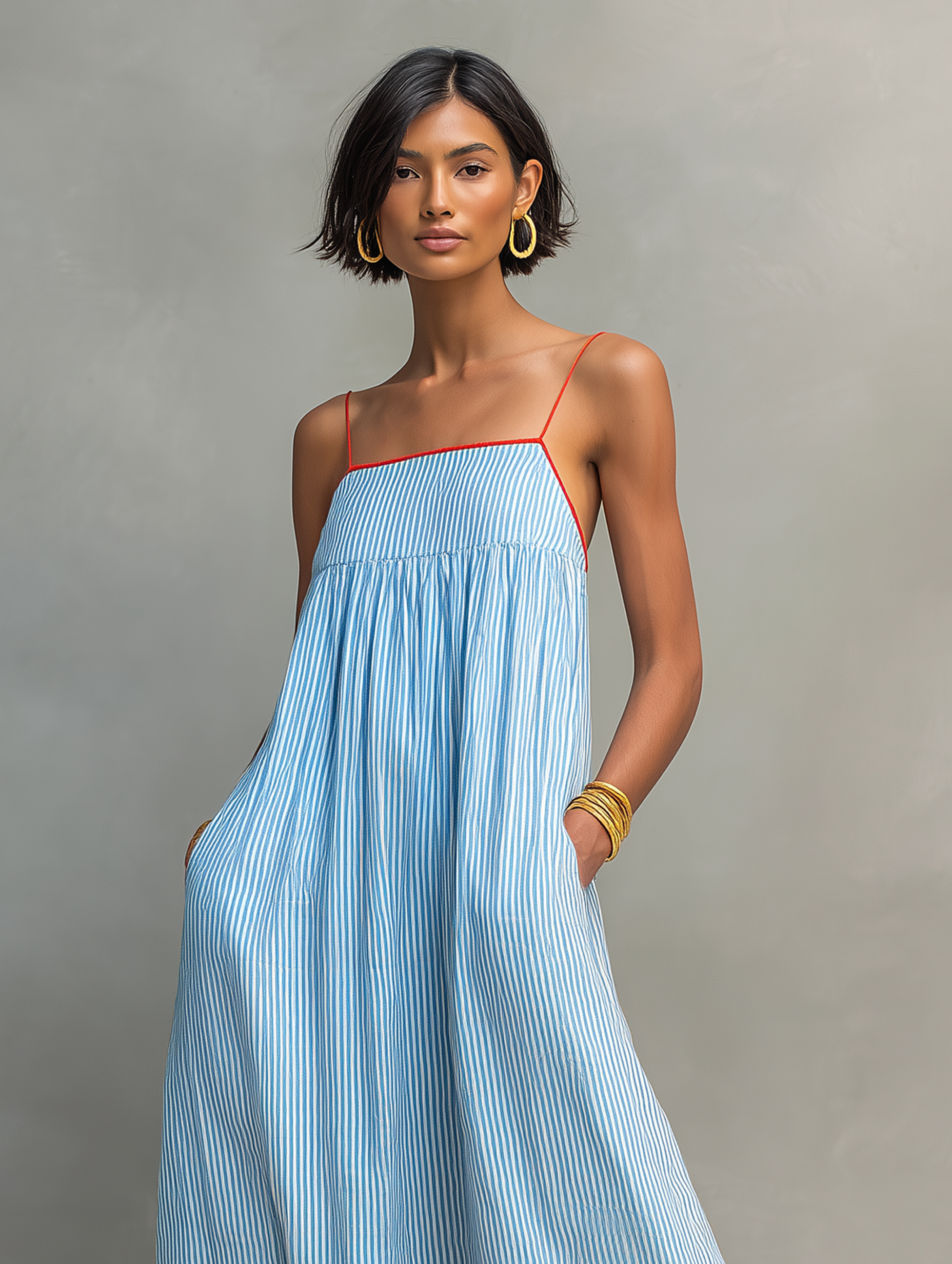 Vestido largo minimalista a rayas con ribete y tirantes finos