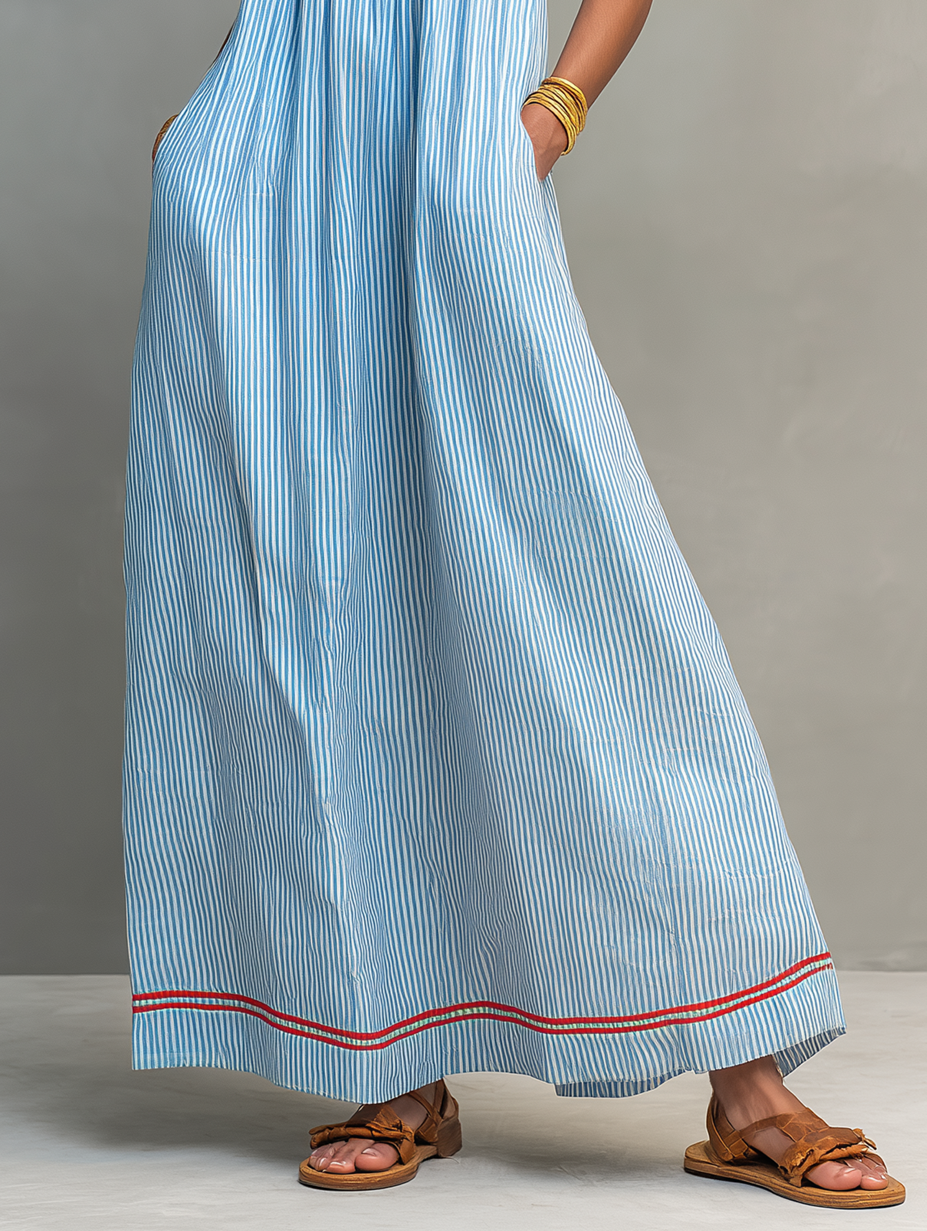 Vestido largo minimalista a rayas con ribete y tirantes finos