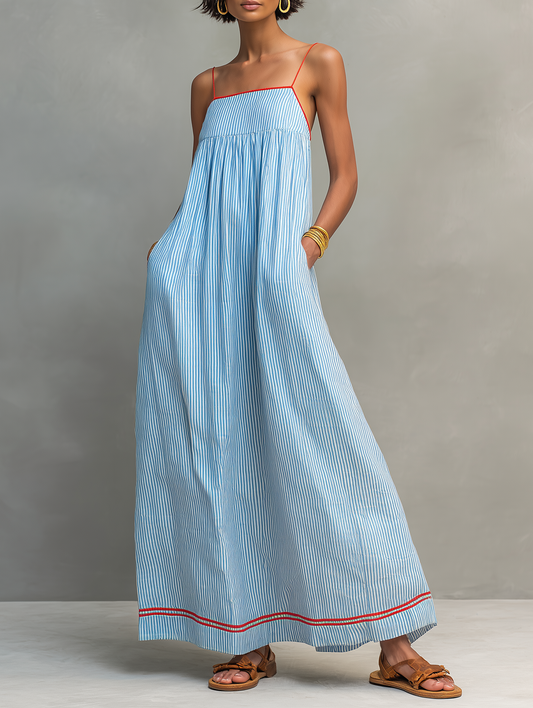 Vestido largo minimalista a rayas con ribete y tirantes finos