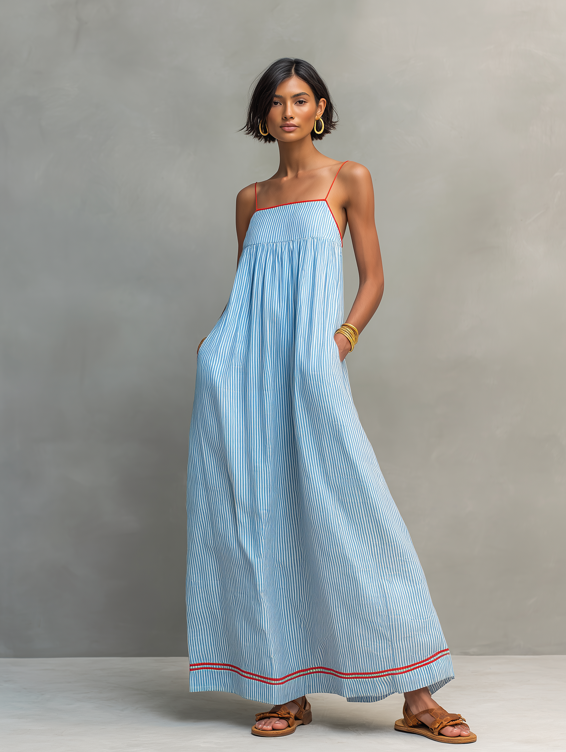 Vestido largo minimalista a rayas con ribete y tirantes finos