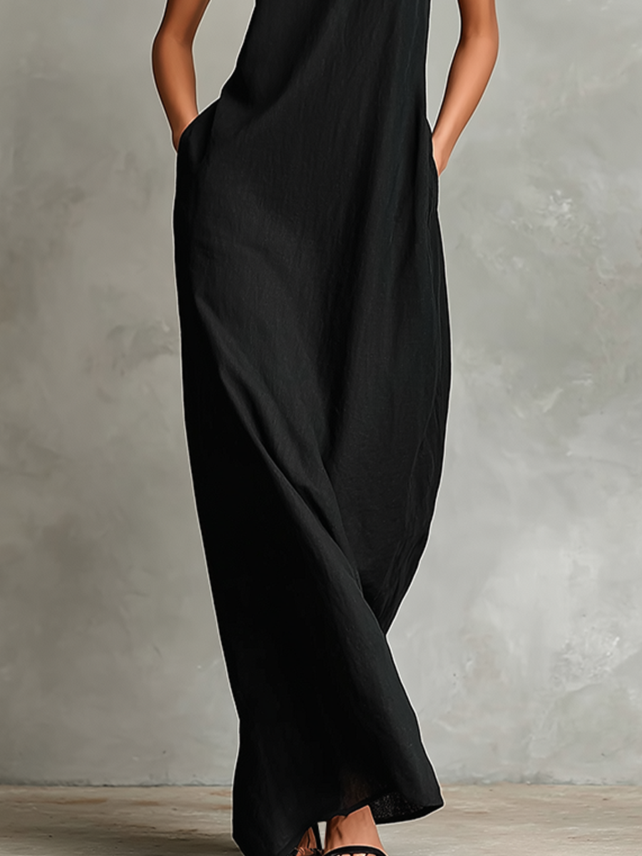 Vestido largo de lino con cuello alto y bolsillos laterales