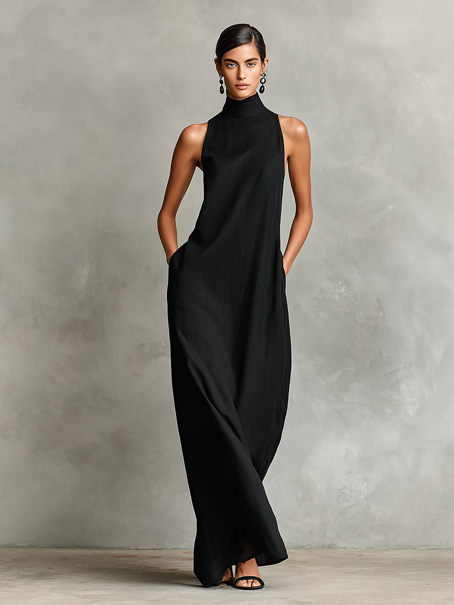 Vestido largo de lino con cuello alto y bolsillos laterales