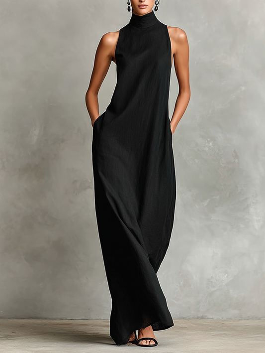 Vestido largo de lino con cuello alto y bolsillos laterales
