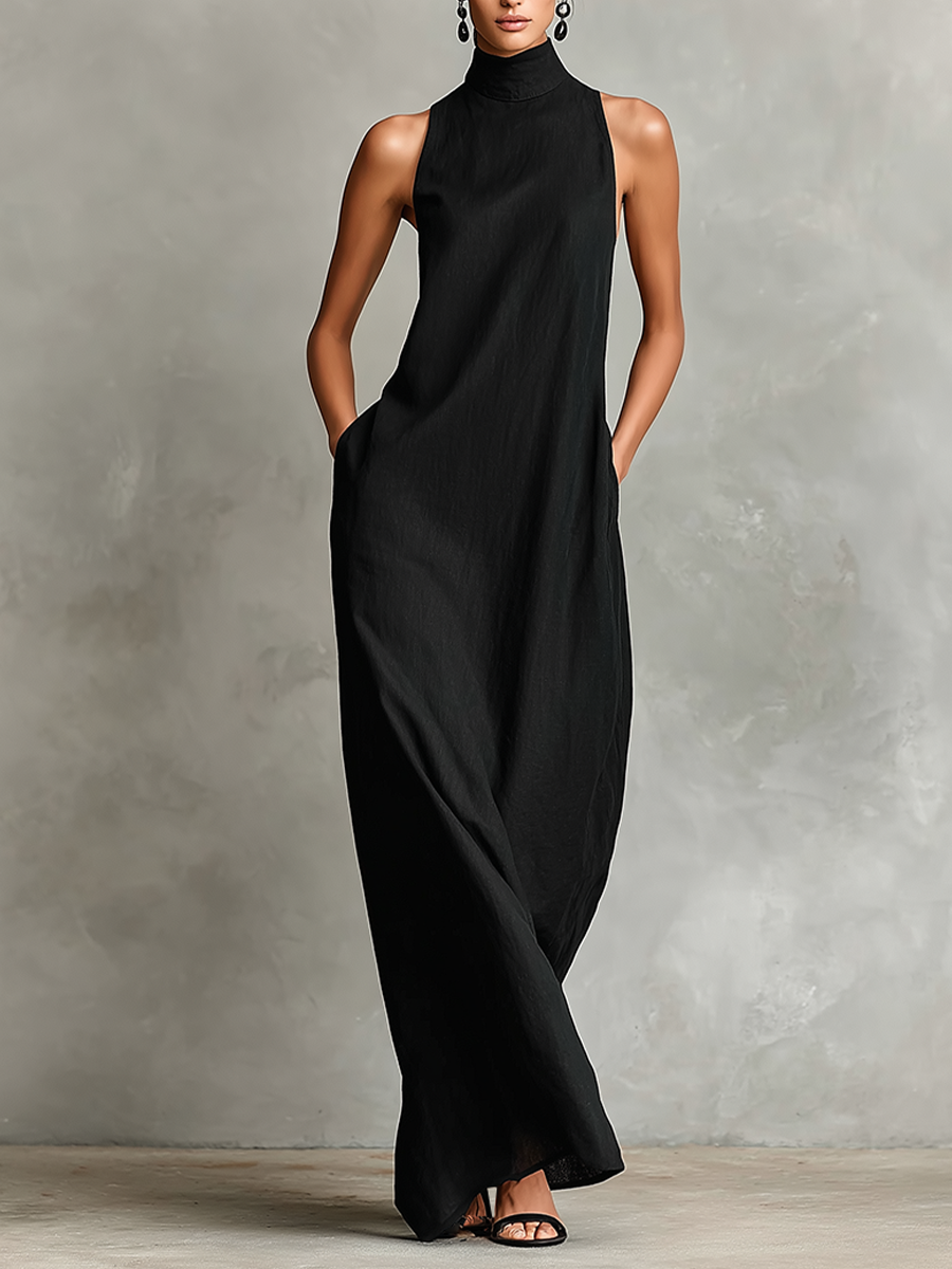 Vestido largo de lino con cuello alto y bolsillos laterales
