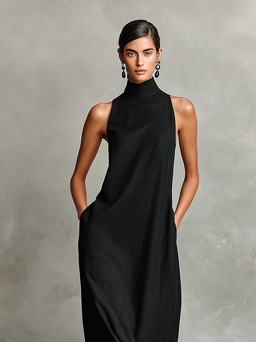 Vestido largo de lino con cuello alto y bolsillos laterales