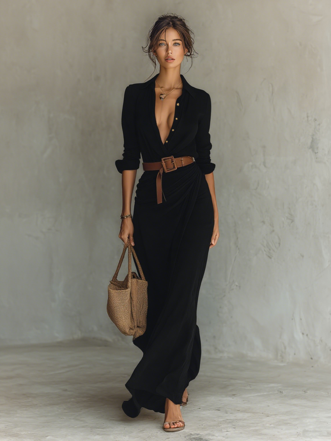 Vestido largo de manga larga con cinturón y solapa