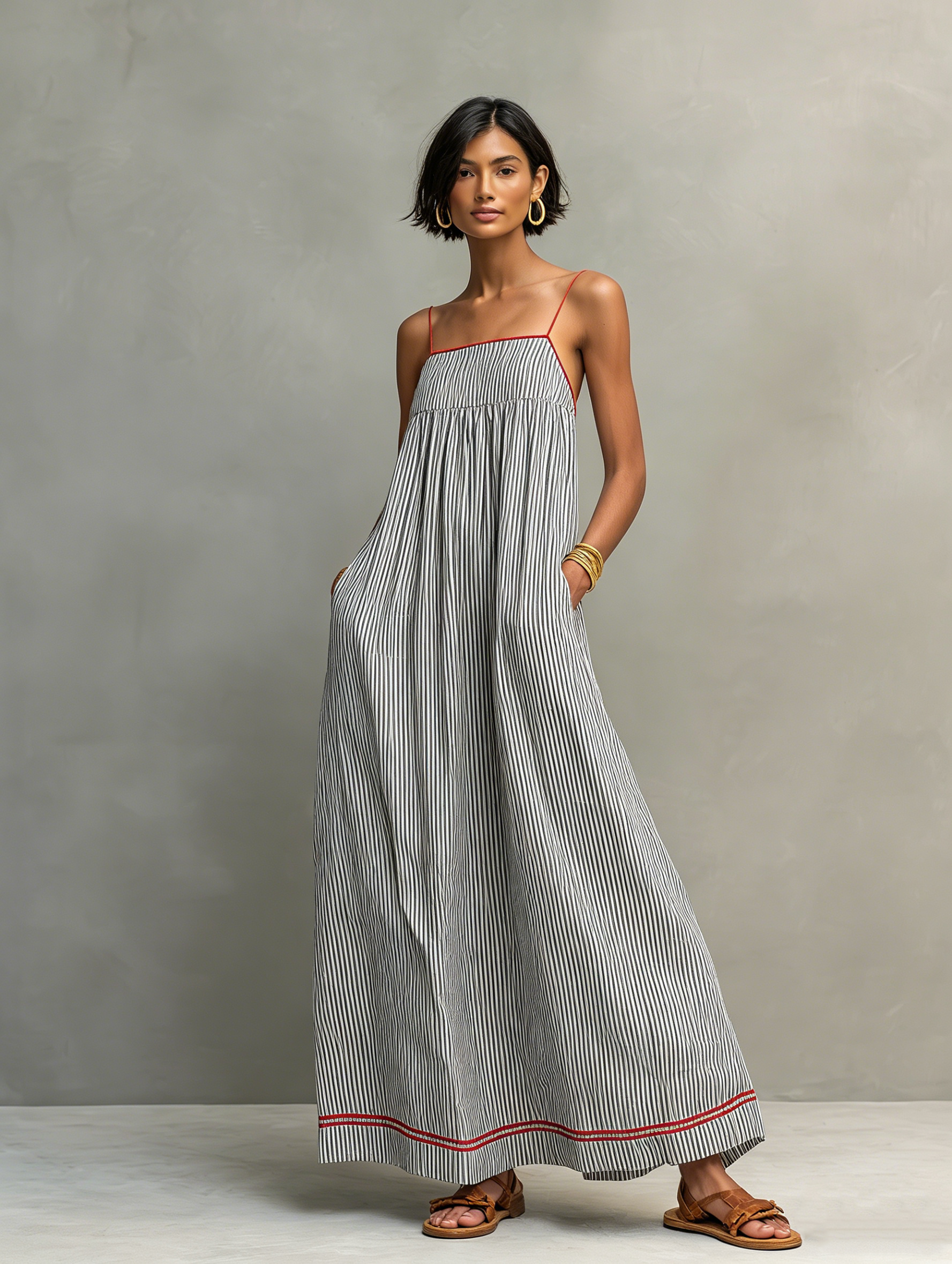 Vestido largo minimalista a rayas con ribete y tirantes finos