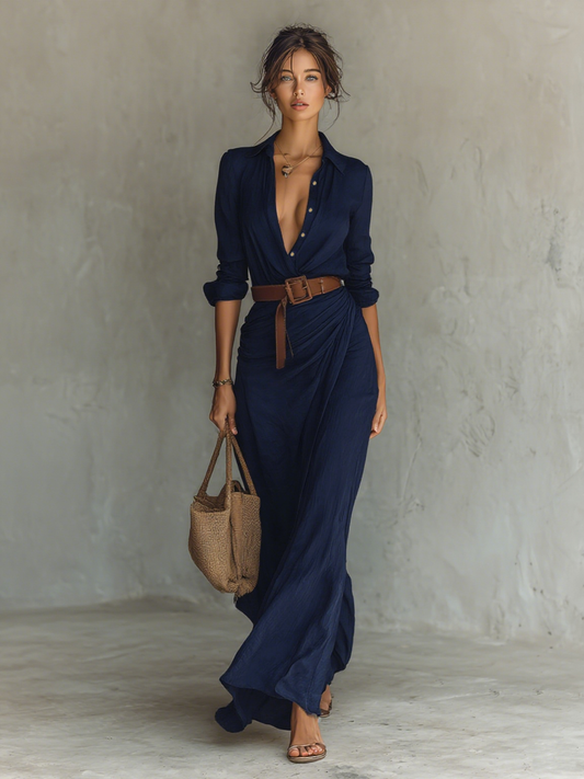 Vestido largo de manga larga con cinturón y solapa