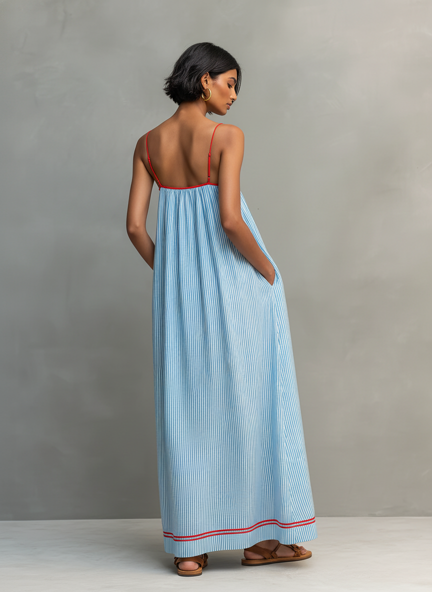 Vestido largo minimalista a rayas con ribete y tirantes finos