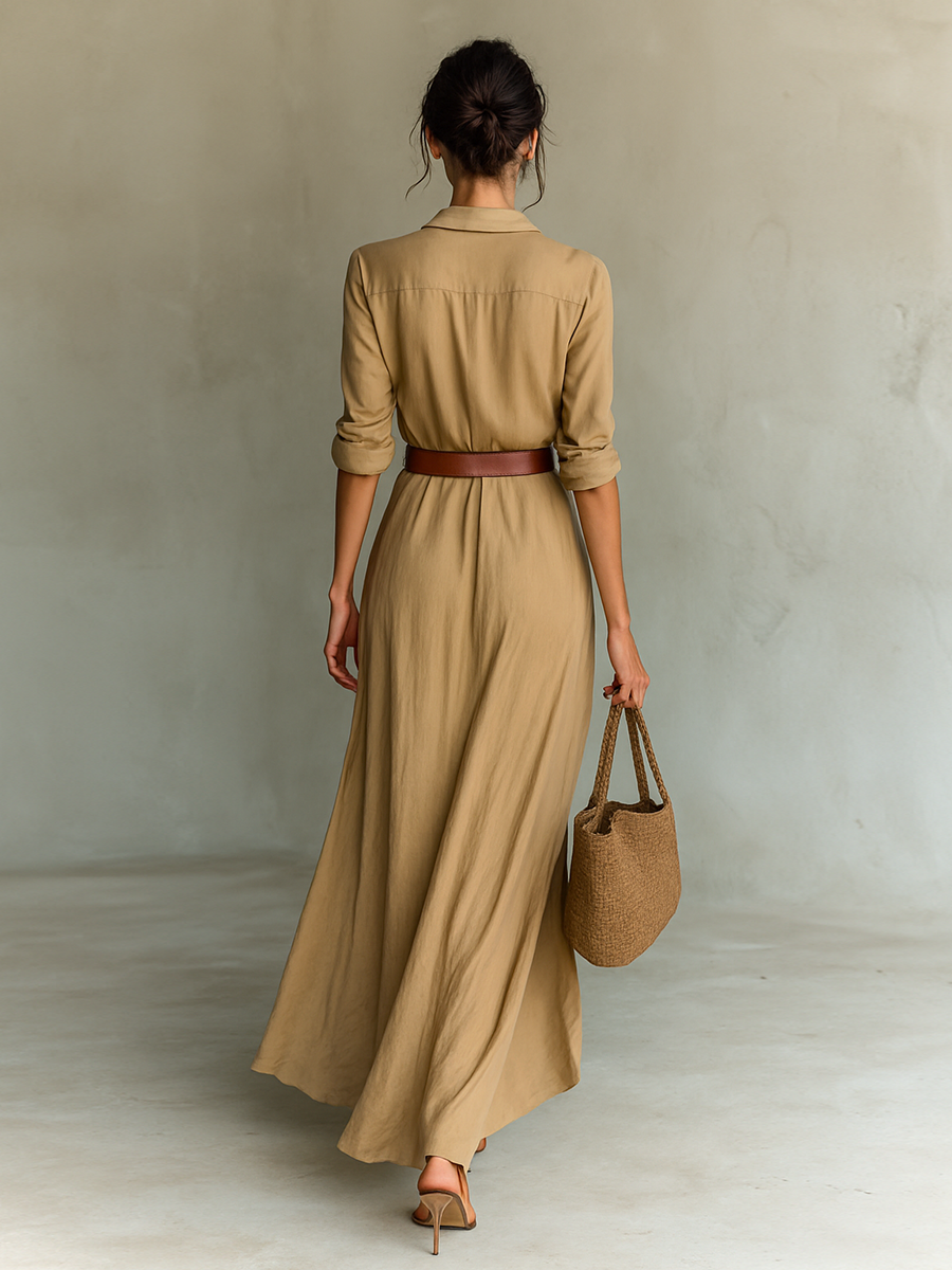 Vestido largo de manga larga con cinturón y solapa