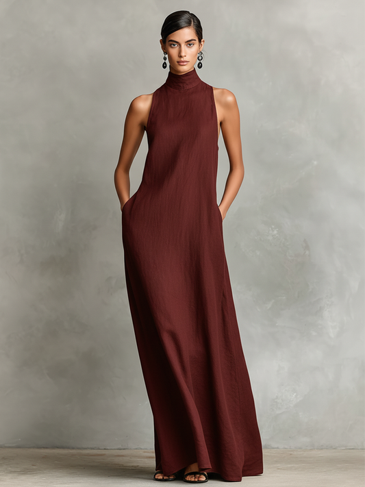 Vestido largo de lino con cuello alto y bolsillos laterales
